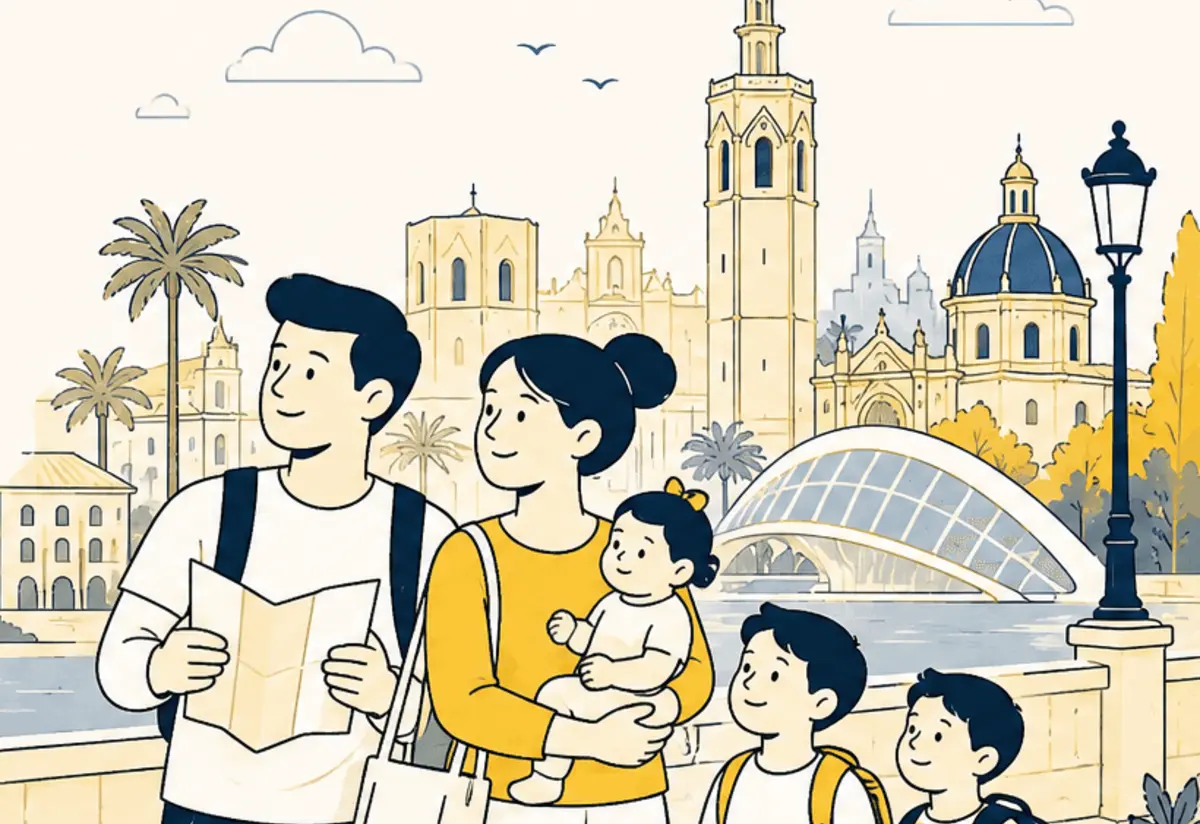 Family walking through Valencia with the city skyline behind them